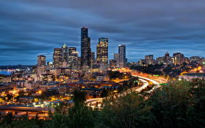 Bakgrunnsbilder USA Himmelen Seattle Gatelykter HDR Natt Washington (delstat) en by