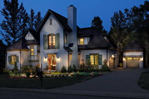 Wallpaper Houses Landscape design Night time Street lights Mansion Cities