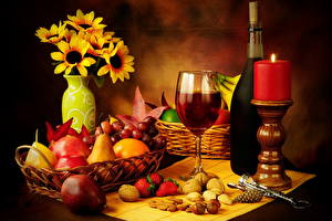 Fondos de escritorio Bodegón Bebida Vino Velas Frutas Perales Nuez Vaso de vino Alimentos
