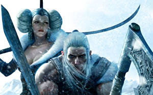 Bilder Viking: Battle For Asgard Krieger Blond Mädchen Starren Schwert Streitaxt computerspiel Mädchens
