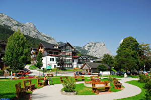 Pictures Austria Houses Sky Mountains Landscape design Bench Design  Cities