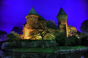 桌面壁纸，，城堡，德国，树，高动态光照渲染，晚上，Krefeld  Burg Linn，城市