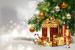 Sfondi desktop Giorno festivo Capodanno Candela Regali Palle Albero di Natale