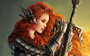 Bilder Krieger Rüstung Schwert Blick Rotschopf Haar Gesicht Fantasy Mädchens