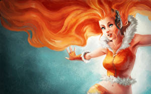 Bakgrundsbilder på skrivbordet Hörlurar Rödhårig tjej Orange Ser Håret Fantasy Unga_kvinnor