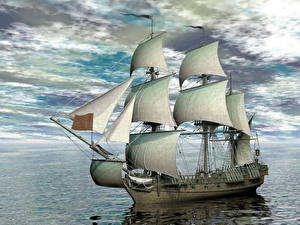 Image Sea Ship Sailing Sky Clouds 3D Graphics