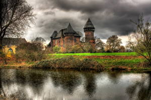 桌面壁纸，，城堡，德国，河流，云，高动态光照渲染，Krefeld Burg Linn，城市