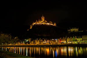 Wallpapers Germany Castle River Building Cochem Night Street lights Cities