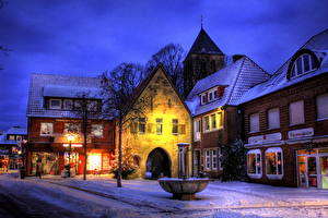 Photo Germany Seasons Winter Houses Street lights Snow HDRI Street Havixbeck Cities