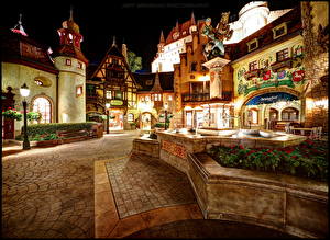Tapety na pulpit USA Disneyland Latarnia uliczna W nocy HDR Ulica Walt Disney World Epcot Center Germany Pavilion miasto