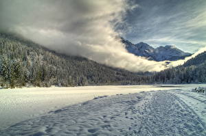 Sfondi desktop Stagione Inverno Foreste Cielo Montagne Neve Nubi HDR Natura