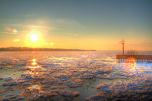 Tapety na pulpit Wschody i zachody słońca Niemcy Rzeka Niebo Śnieg HDR Lód Słońce  przyroda