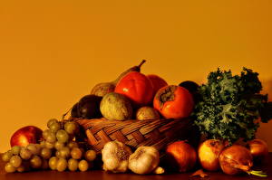 デスクトップの壁紙、、静物画、果物、ブドウ、ニンニク、玉葱、食べ物