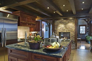 Picture Interior Fireplace Table Ceiling Kitchen