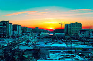 Pictures Russia Sunrise and sunset Seasons Winter Sky Building HDRI Horizon  Cities
