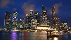 桌面壁纸，，新加坡，摩天大樓，晚上，城市