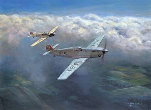 Bureaubladachtergronden Vliegtuig Getekende Hemelgewelf Wolken Vlucht Swastika Luchtvaart