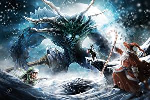 Pictures Fighting Monsters Glance Snow Horns Fantasy