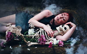 Images Creative Gothic Fantasy Skulls Chrysanthemums Staring Skeleton Redhead girl