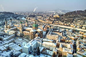 Bakgrundsbilder på skrivbordet Österrike Byggnader Årstiderna Vinter Salzburg Snö Horisont HDR Från ovan Städer
