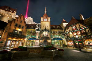 Images USA Houses Disneyland Street Night time Street lights HDR Walt Disney World Epcot Center Germany Pavilion Cities