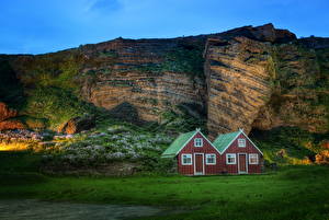 Image Mountains Iceland Houses Green Grass Nature