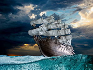 Bakgrundsbilder på skrivbordet Fartyg Segelfartyg Havet Vågor Himmel Kreativ Molnen