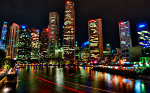 Bakgrundsbilder på skrivbordet Singapore Hus Skyskrapa På natten HDR stad