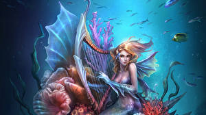 Bakgrunnsbilder Rusalka Undervannsverdenen Fantasy Unge_kvinner Unge_kvinner
