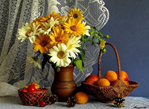 Photo Still-life Peaches Bouquet Gerberas Wicker basket Food