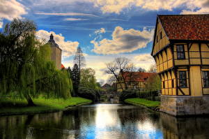 桌面壁纸，，德国，河流，房屋，天空，高动态光照渲染，Steinfurt，城市