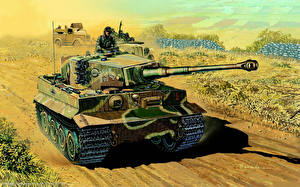 Sfondi desktop Carro armato Dipinti Soldati PzKpfw VI Tiger Esercito