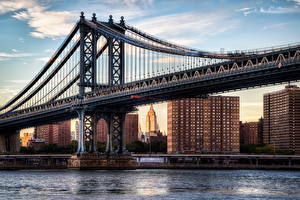 Bakgrundsbilder på skrivbordet Bro Himmel Flod New York HDR Manhattan stad