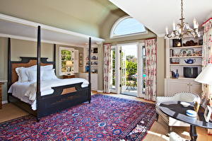 Wallpaper Interior Bed Pillows Rug Chandelier Window Ceiling Room Bedroom Design