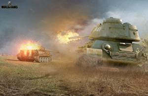Картинки World of Tanks Танки Пламя Стрельба Т-34 подбивает Тигра Игры