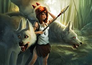 Images Warriors Magical animals Glance Roar Spear Fantasy Girls