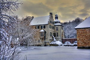 Photo Castle Germany Seasons Winter Snow HDRI  Dortmund Dellwig Cities