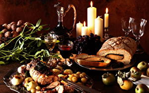 桌面壁纸，，静物画，面包，葡萄酒，蜡烛，酒杯，食品