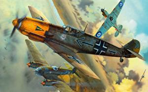 Bureaubladachtergronden Vliegtuigen Geschilderde Vliegende Kruis Messerschmitt Bf-109E4 Luchtvaart