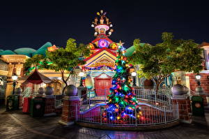 Tapety na pulpit USA Parki Disneyland Choinka świąteczna HDR Noc Kalifornia Miasta
