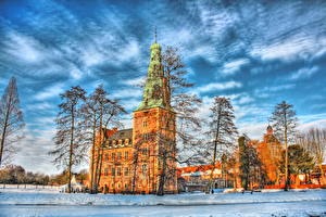 Фото Замок Германия Сезон года Зимние Небо Облако Снегу Деревья HDRI Raesfeld Города