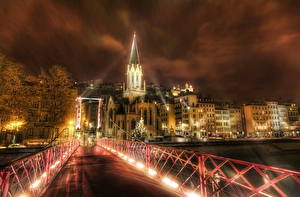 Picture France Bridges Houses Sky Rays of light Night  Cities
