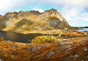 Bureaubladachtergronden Een meer Noorwegen Bergen Gras Mos Agvatnet Natuur Steden