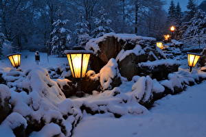 Pictures Seasons Winter Stones Street lights Snow Night time  Nature