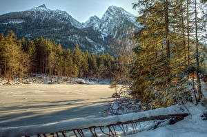 Fondos de escritorio Estaciones del año Invierno Montañas Bosque Nieve HDR Naturaleza