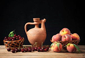 Wallpapers Still-life Fruit Cherry Peaches Jug container Food