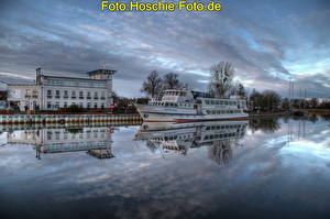 Картинки Корабль Германия Реки Небо Облака HDRI Иккермюнде
