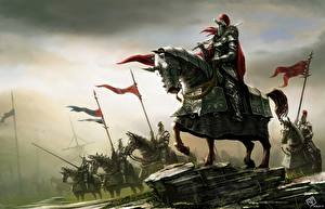 Bakgrundsbilder på skrivbordet Krigare Hästar Rustning Spjut Fantasy