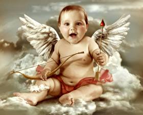 Sfondi desktop Lattante Sguardo Ali di uccello Cupido Nubi bambino