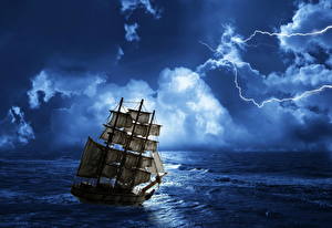 Картинка Корабль Парусные Море Небо Облачно Ночь Молнии
